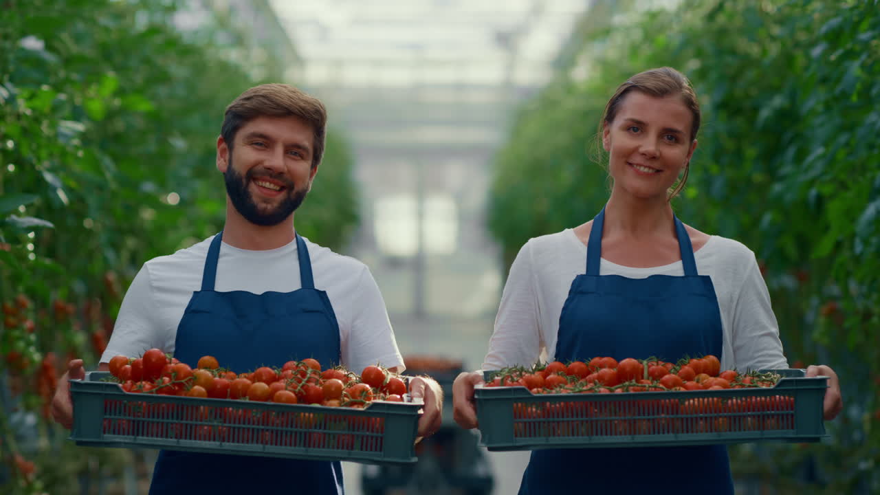 Couple farmers holding tomatoes crate at modern agriculture plantation house
