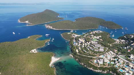 syvota islands, village, beaches and boats in ionian sea, epirus, greece mainland - aerial