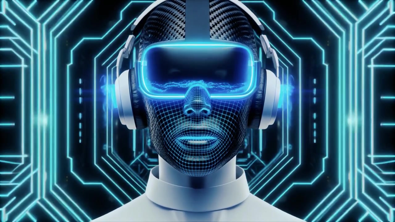 Futuristic Humanoid Robot Wearing VR Headset and Headphones
