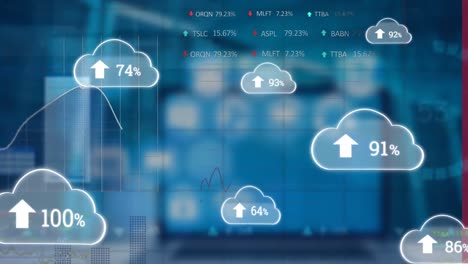 animation of financial data processing over business people walking in office