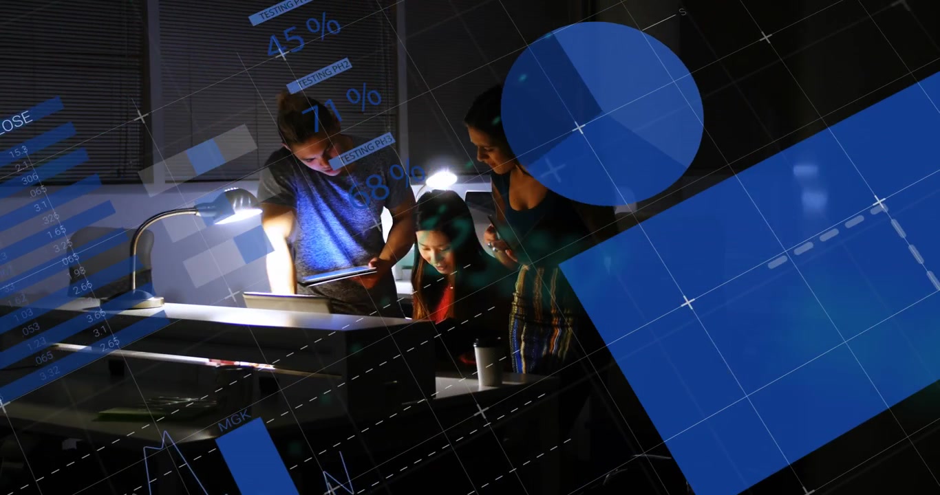Animation of statistics and data processing over businessman using computer