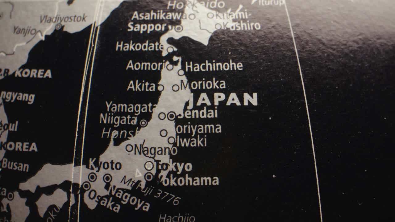 Close-up view of a black and white map showing Japan and surrounding countries