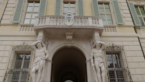 entrance of palazzo bianchi (palazzo vescovile) historical place in mantua, italy. low angle