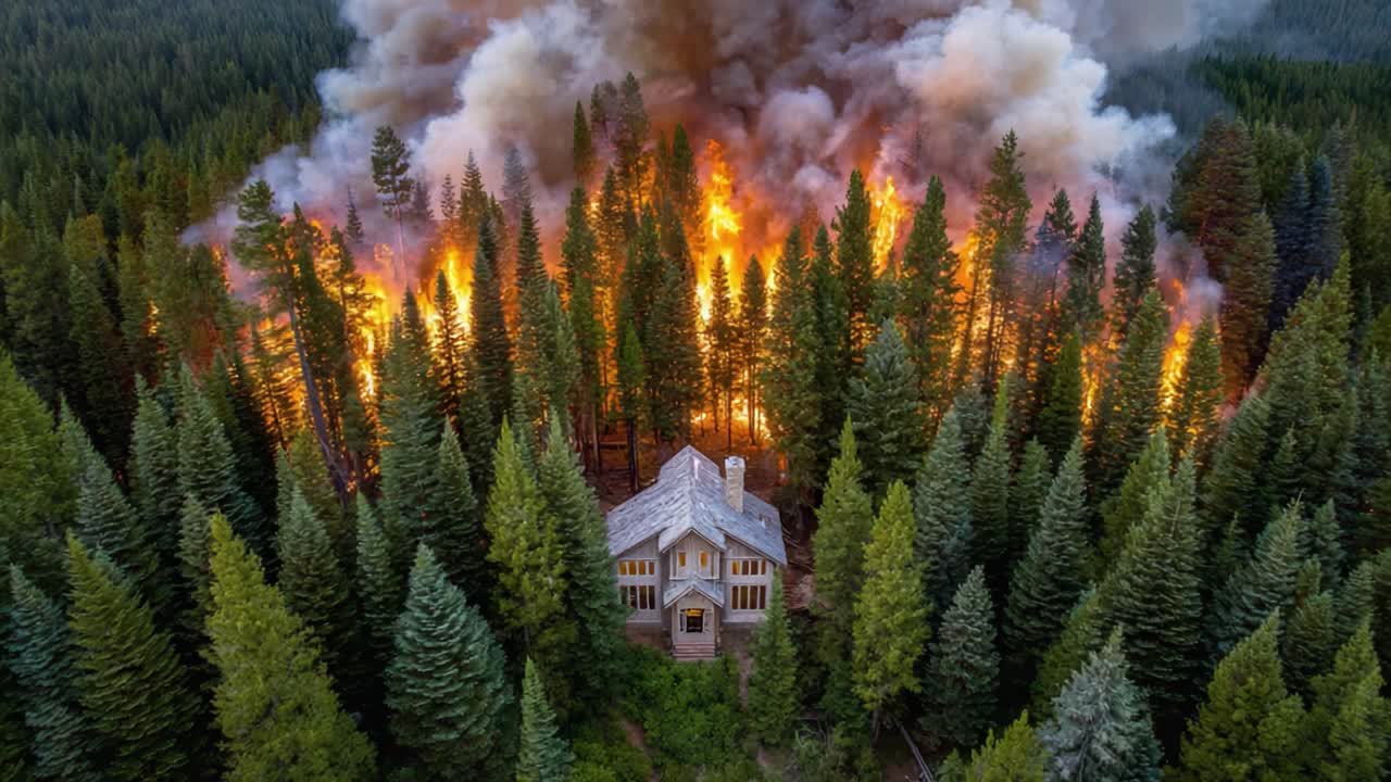 A Dramatic Visual of Devastation: The Enveloping Flames of a Forest Fire Threatening an Abandoned Cabin Surrounded by Towering Pine Trees