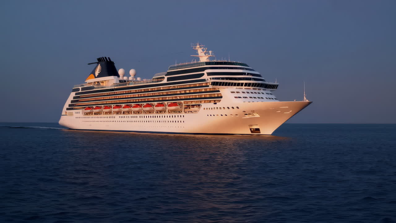 A large cruise ship sailing on calm water at dawn or dusk