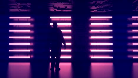 animación en 4k de un hombre de pie frente a una pared futurista.