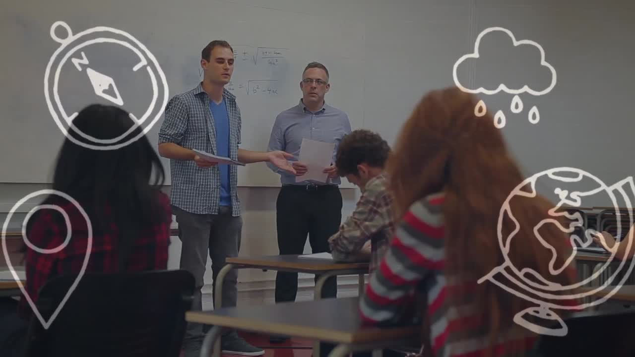 animación de íconos de viajes sobre hombres caucásicos haciendo presentación