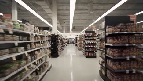 a serene exploration through an aisle of abundant products and consumer choices in a grocery store during daytime illuminated by bright overhead lights