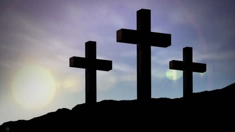 animation of silhouette of three christian crosses over moon and sun