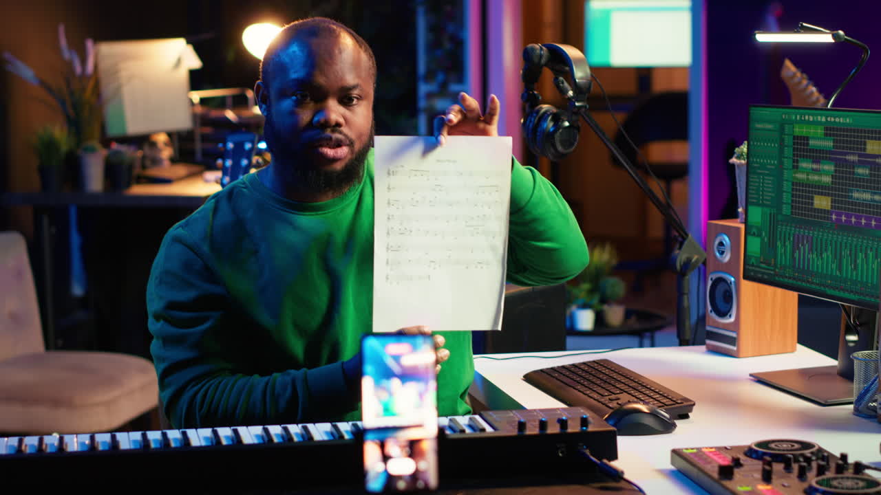 Skilled performer explaining sheet with musical notes on online video tutorial