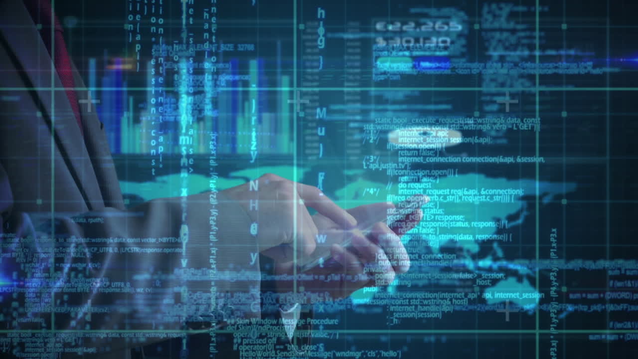 Animation of data processing over businessman using smartphone