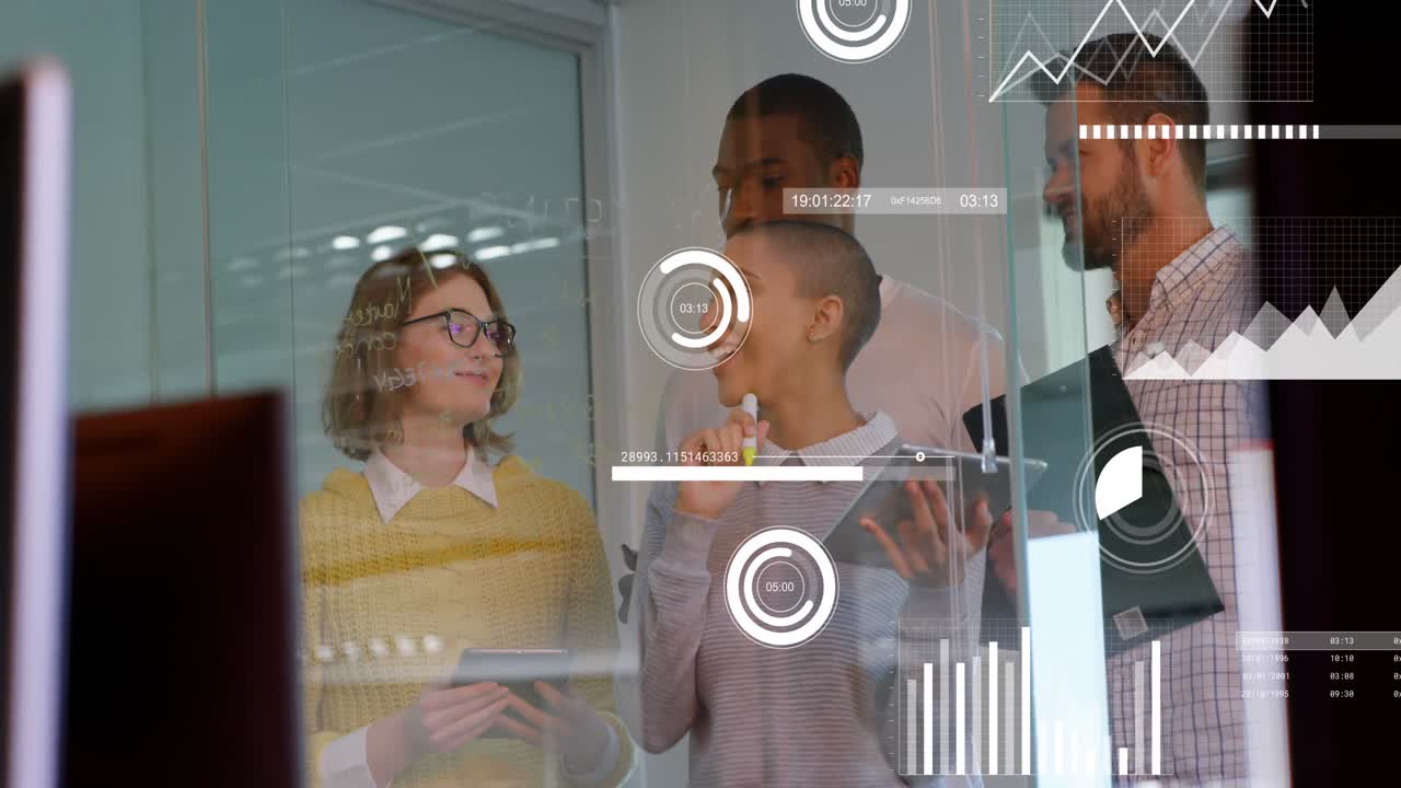 Animation of statistical data processing on diverse colleagues discussing over glassboard at office