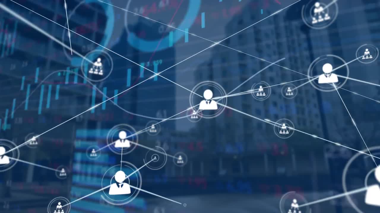Animation of network of people icons exchanging data and graphs over city buildings