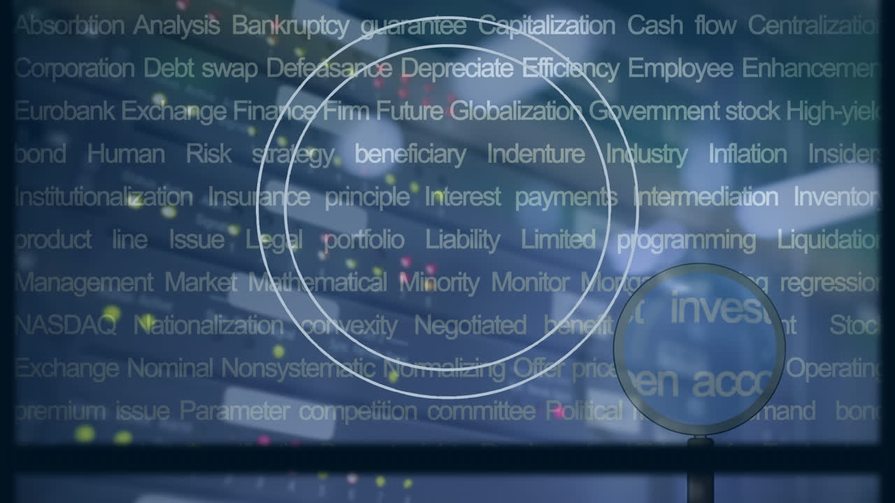 Animation of magnifying glass over business text and data processing