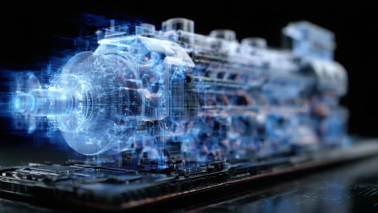 Futuristic Digital Engine Rendering: A Stunning Visualization of Mechanical Precision, Innovation, and Technology in Action, Showcasing an Engine’s Complex Components and Functional Beauty