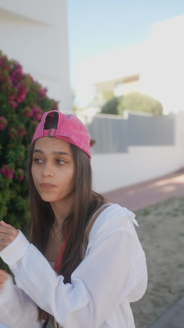 Giovane donna con cappello rosa