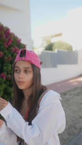 young woman wearing pink hat