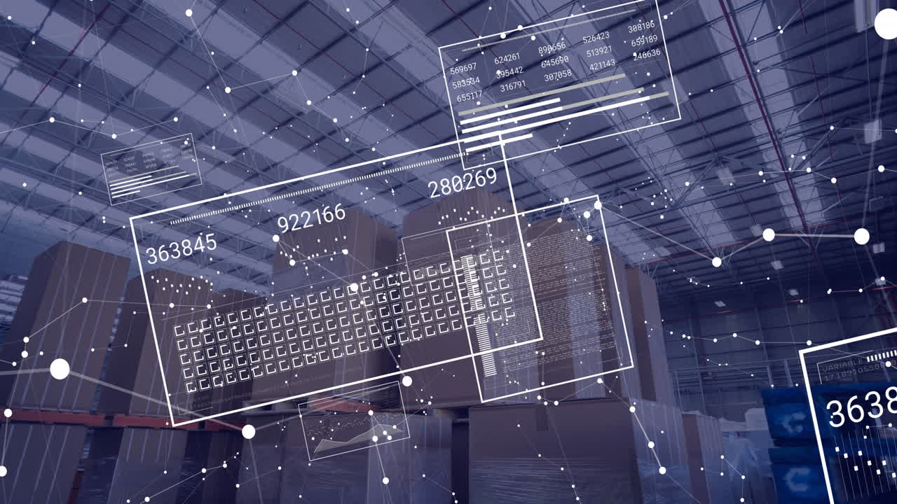 Animation of changing numbers, loading squares, connected dote over cardboard boxes in warehouse
