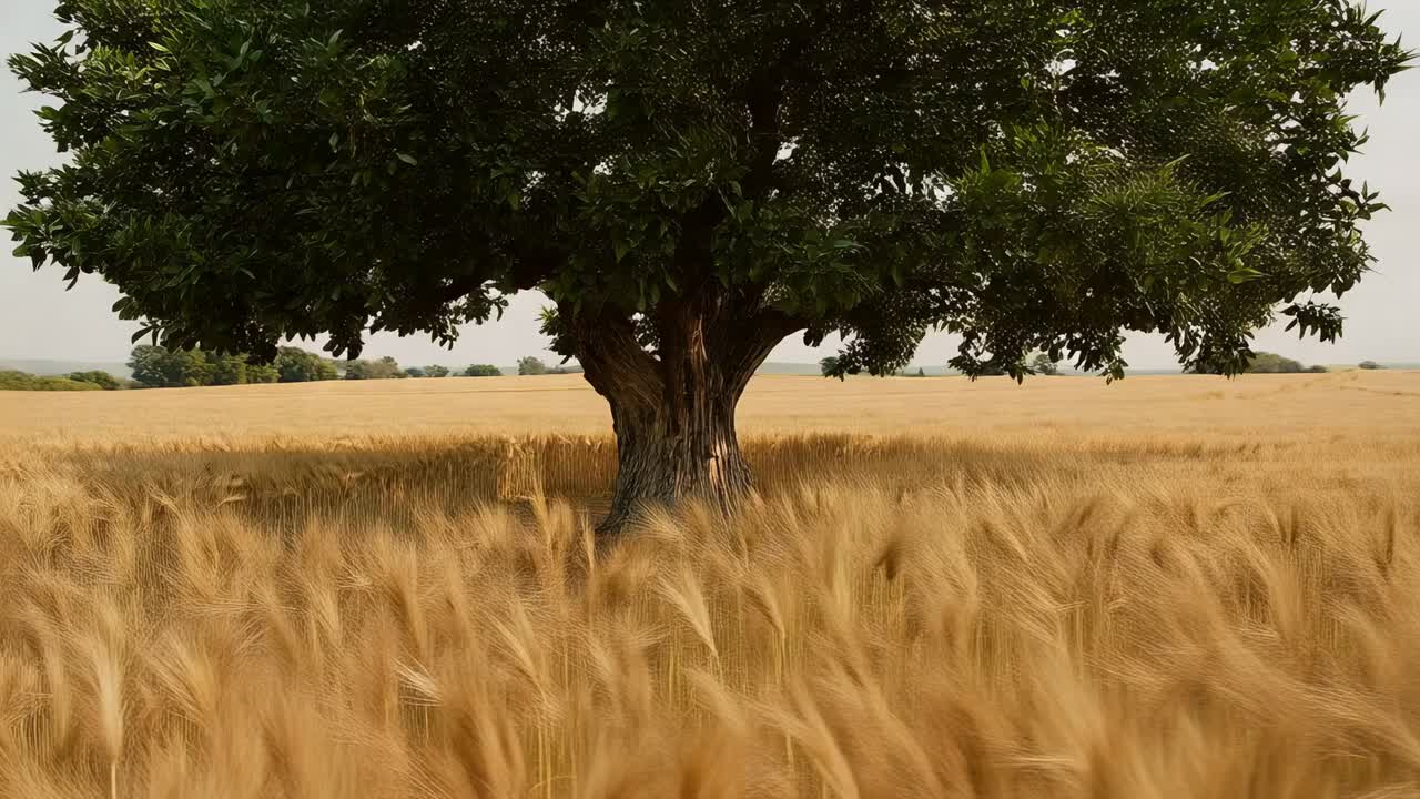Inizia la ripresa con la camera che avanza tra il grano dorato verso un albero solitario, rivelando un sentiero e radici scoperte