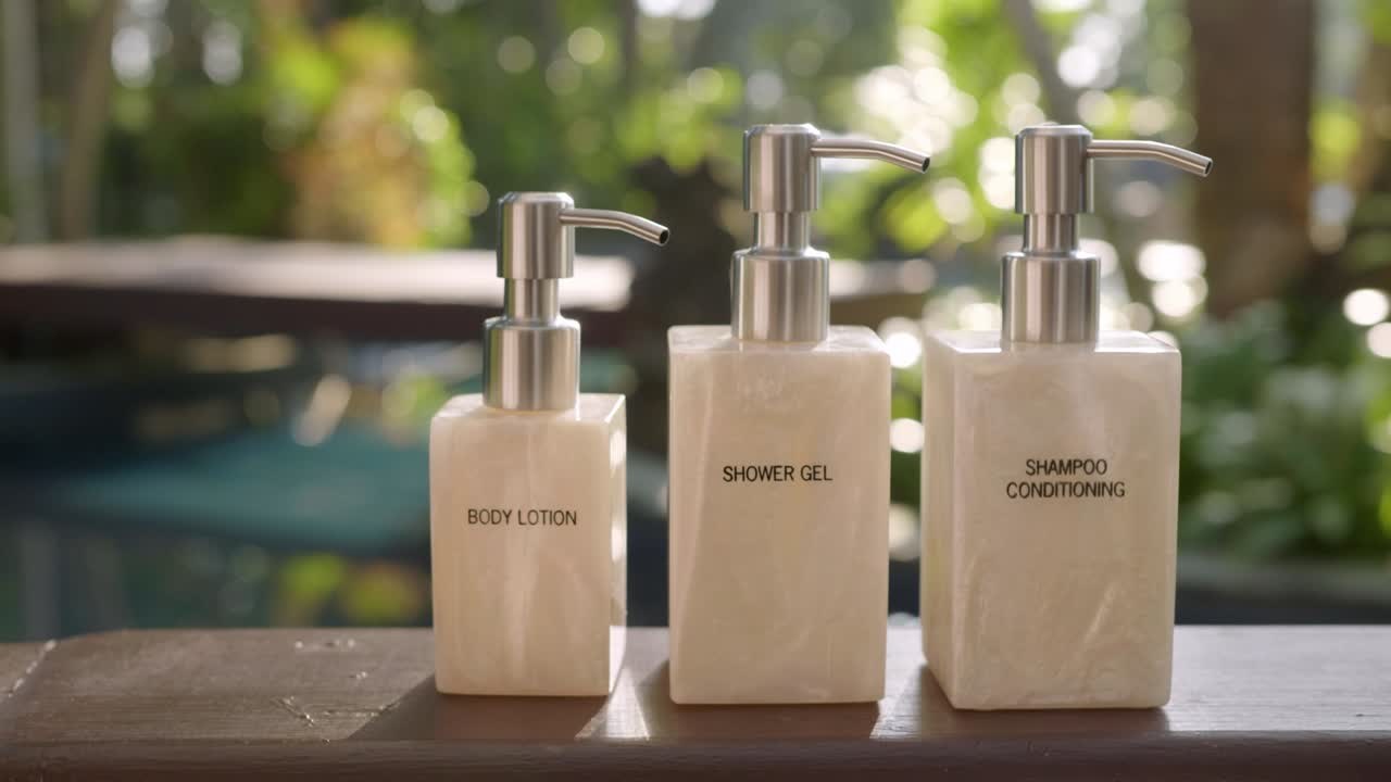 바디 로션, 샤워 젤, 열대 숲이 있는 샴푸, 수영장을 배경으로