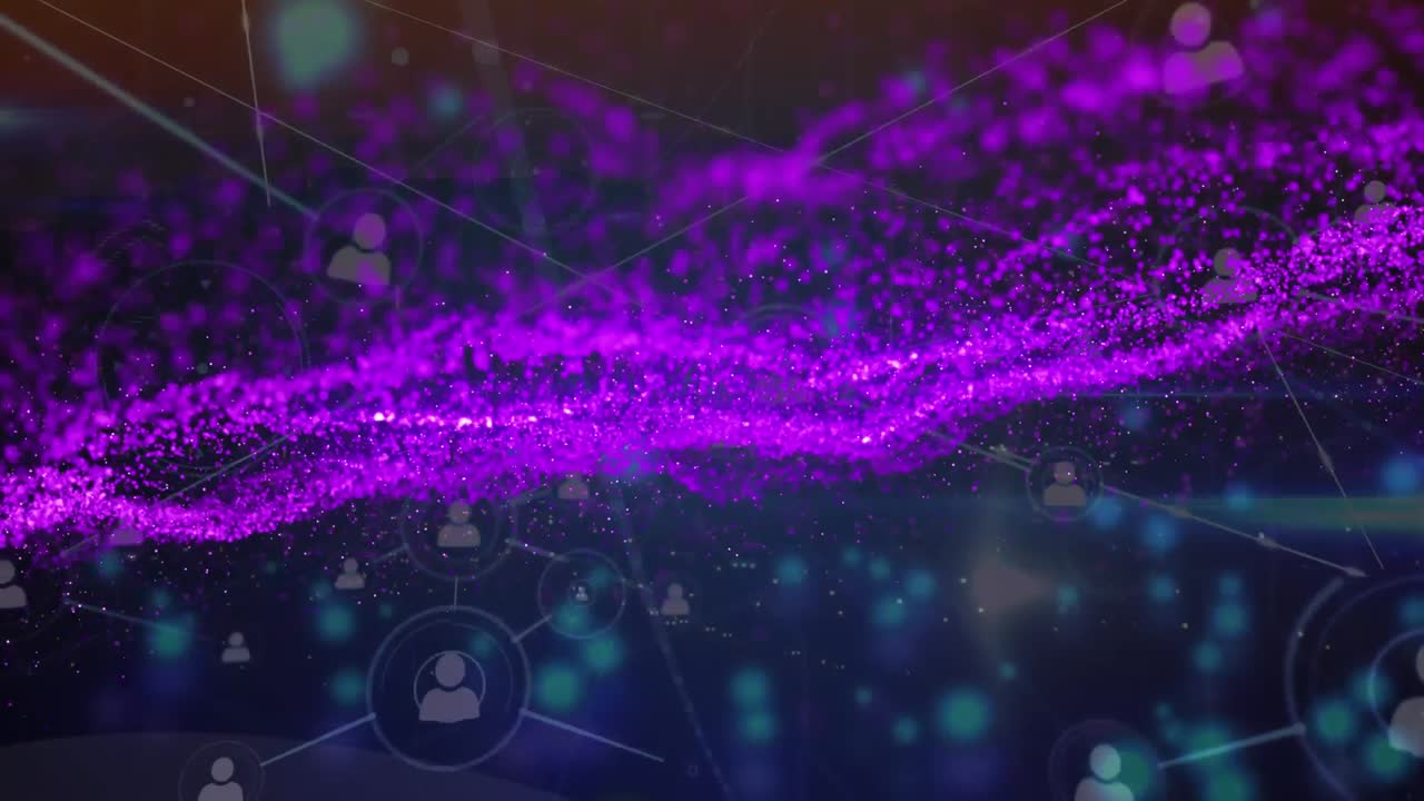 Animation of network of connections with icons and purple mesh on dark blue background