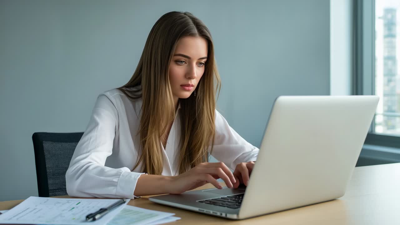Opening laptop, woman typing and scanning charts at office desk beside window, drafting report