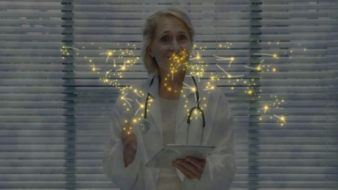 Female doctor holding tablet and gesturing in office, demonstrating health tech with sparkles