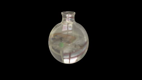 animación de una botella de vidrio de laboratorio girando sobre un fondo negro