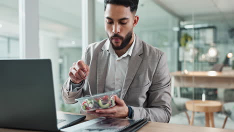 man, eating and laptop at desk