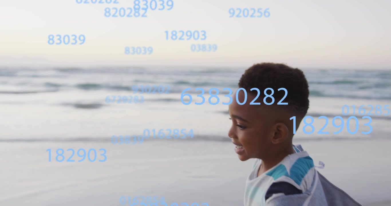 Boy shifting weight and running along shoreline while showcasing floating data visualization tech