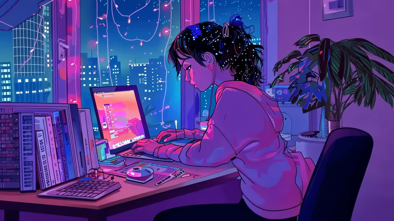 Animated scene of a person at a desk, working on a laptop. Night cityscape view. Side angle, video