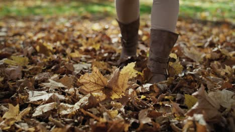 Low-section-of-woman's-legs-which-walking-into-the-autumn-leaves.