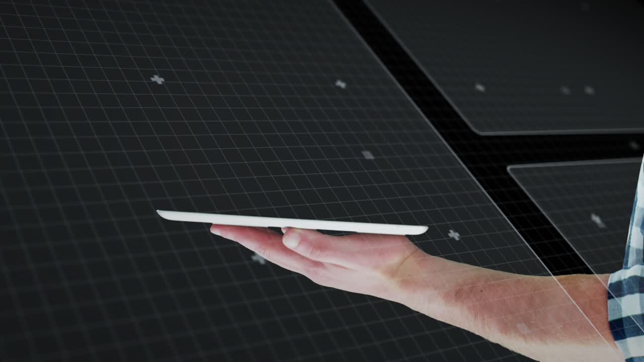 Supporting palm holding white tablet, free hand moving forward and tapping HUD to adjust rings