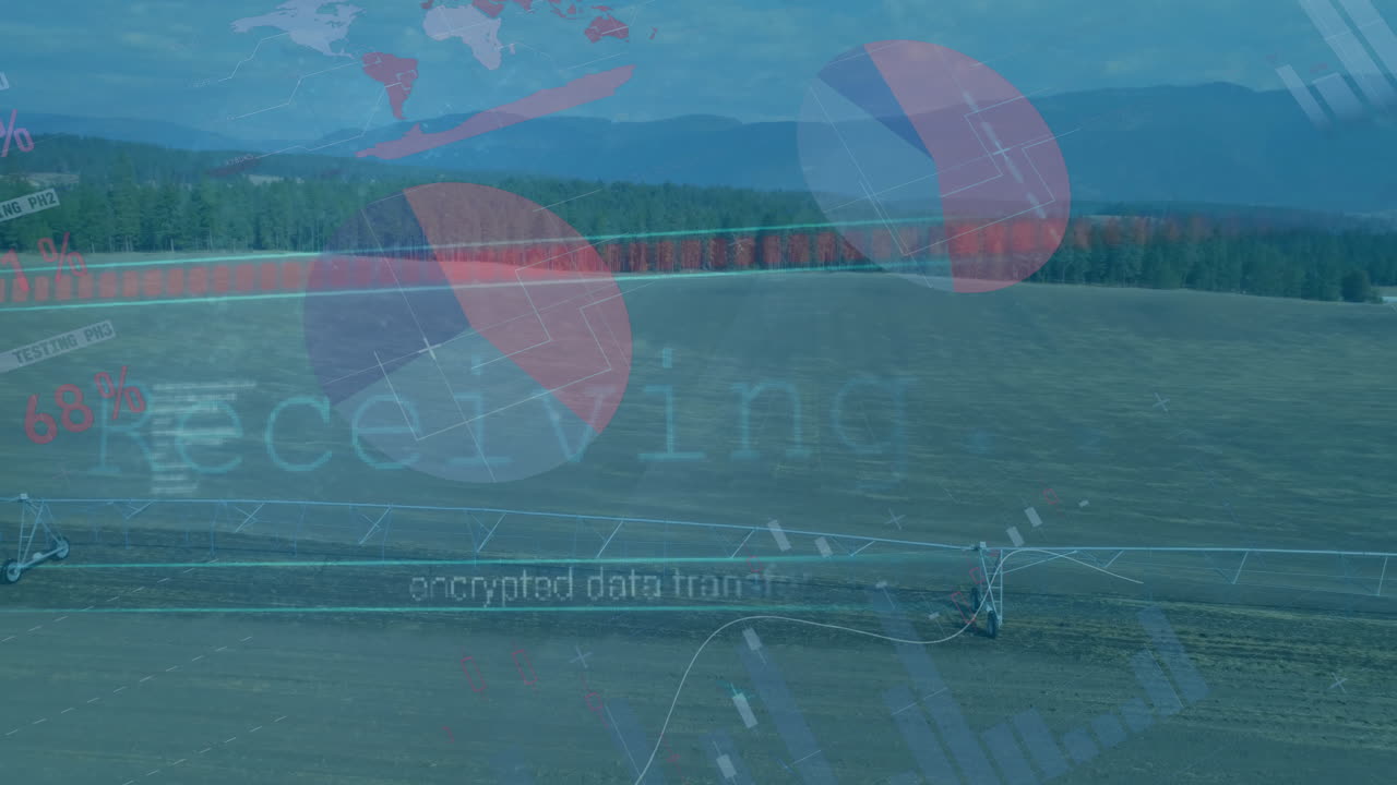 Encrypted data transfer animation over landscape with pie charts and graphs
