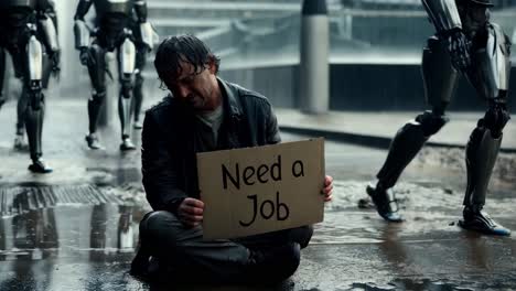 a man sits in a rainy city street, holding a sign that reads "need a job", surrounded by robots.