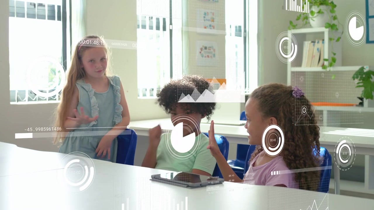 Three students tapping tablet and fist-bumping in class, generating AR graphs and HUDs for learning