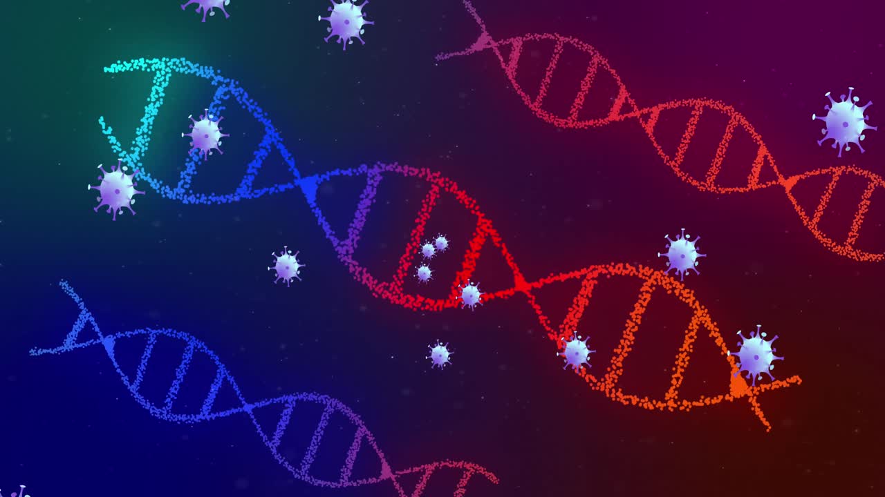 animación de células de covid 19 que se mueven y cadenas de adn que giran