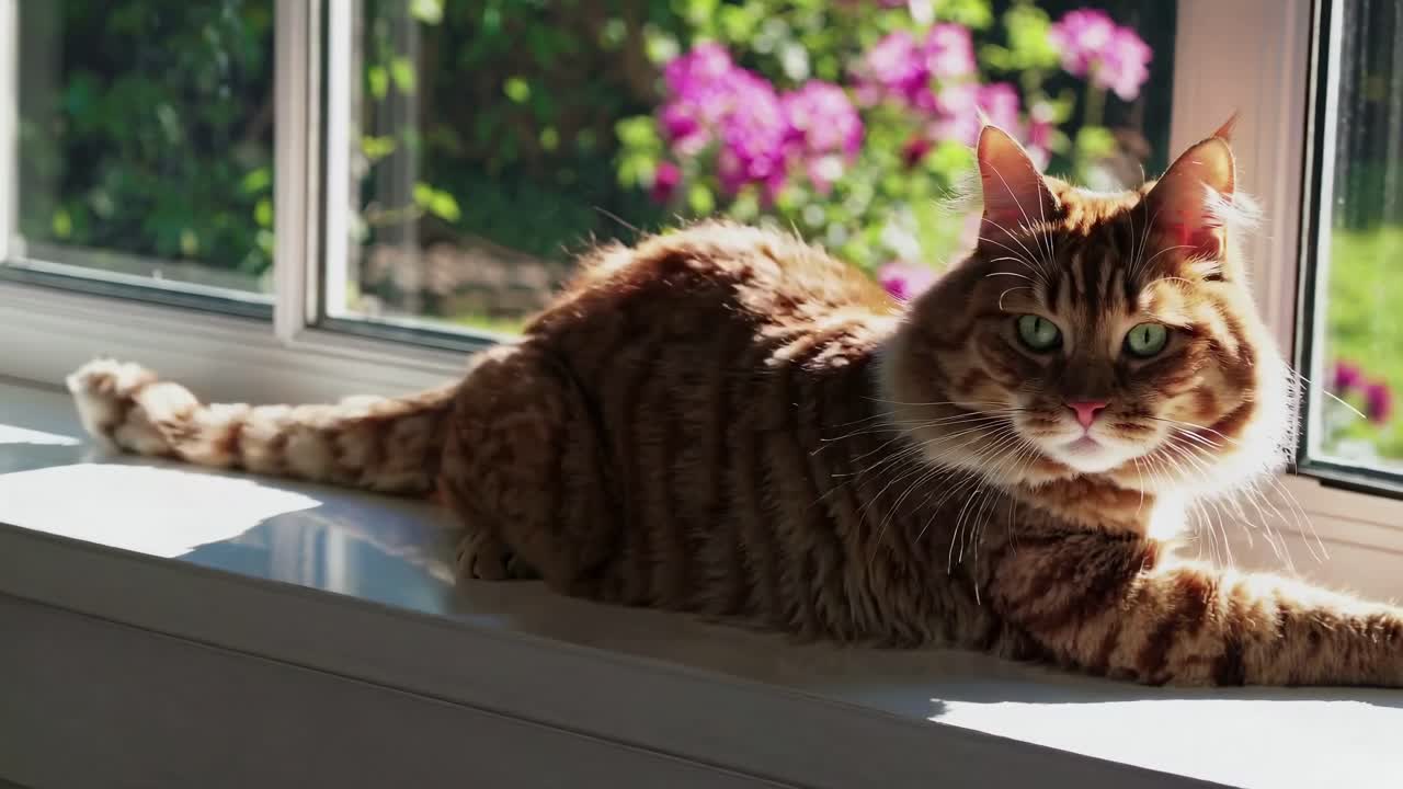 A relaxed cat basks in sunlight on a windowsill, captured from a low angle