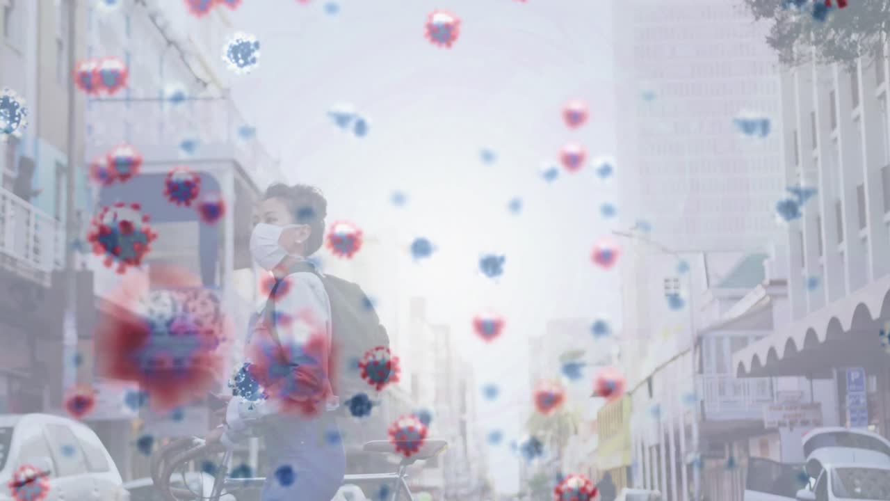 얼굴 마스크를 착용한 여성의 시야에서 떠다니는 거대한 코로나19 세포의 애니메이션