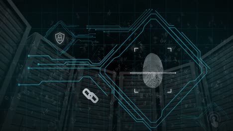 animation of scanning fingerprint, padlock, numbers, letters and connected dots over server racks