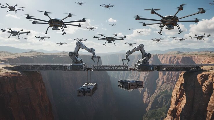 Colaboração de Robótica Aérea na Construção: Drones Avançados e Braços Robóticos Construindo uma Ponte Sobre um Cânion, Exibindo Inovação Tecnológica de Ponta