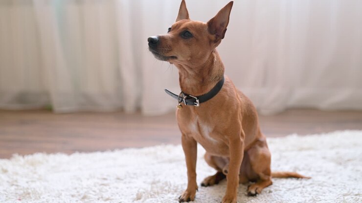 Brown Dog Sitting Waiting For Instructions From His Owner On The Carpet In The Living Room At Home