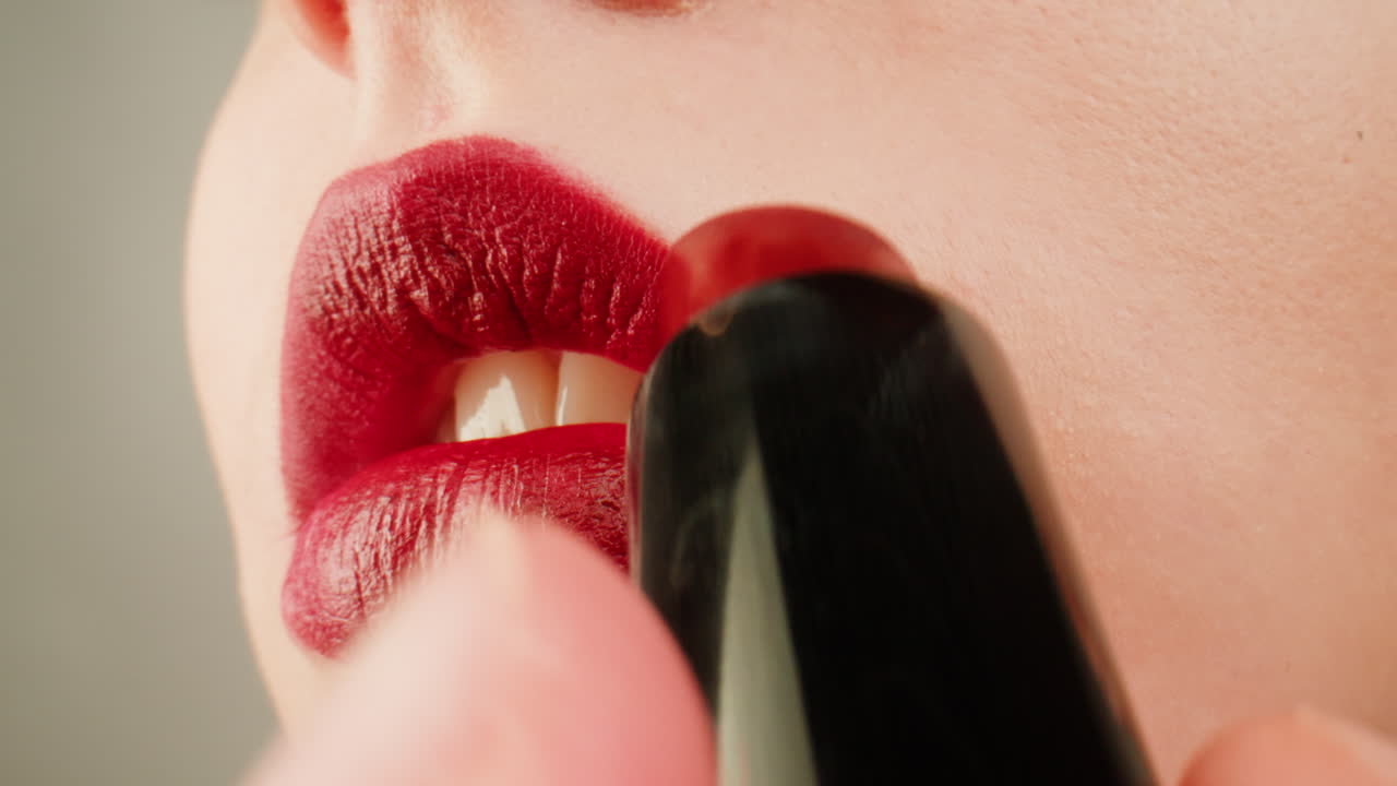 mujer aplicando lápiz labial rojo de cerca