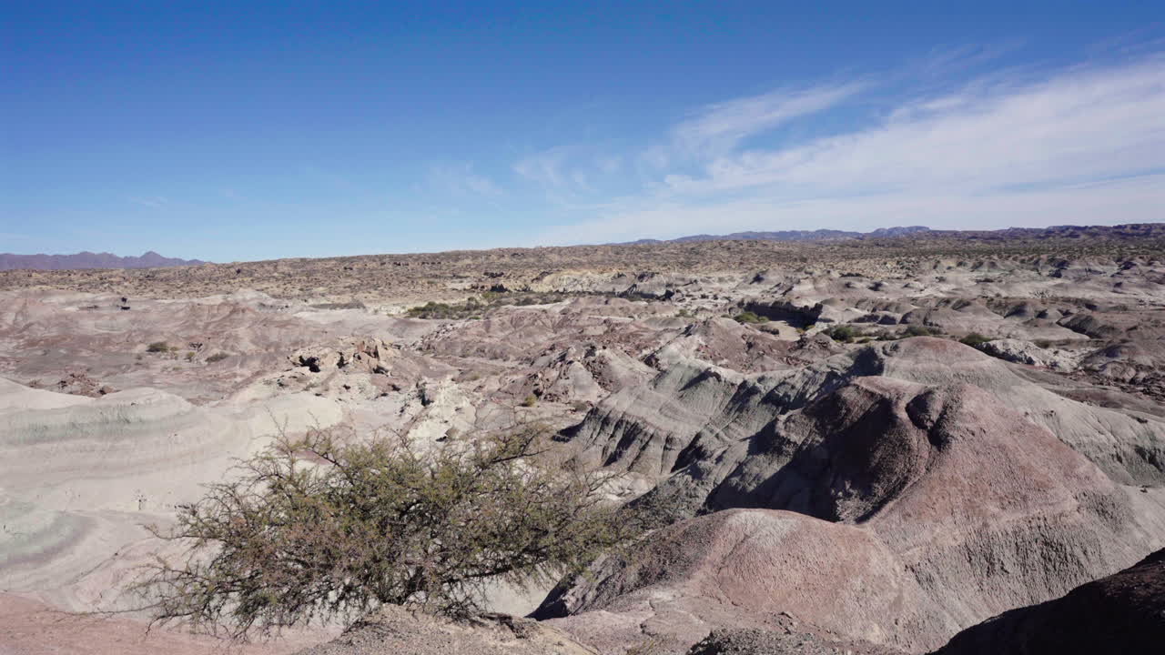 Drone pan over Ischigualasto Provincial Park, also known as Valley of the Moon, in San Juan, Argentina, revealing eroded rock formations, sedimentary layers, and badlands terrain under a clear sky