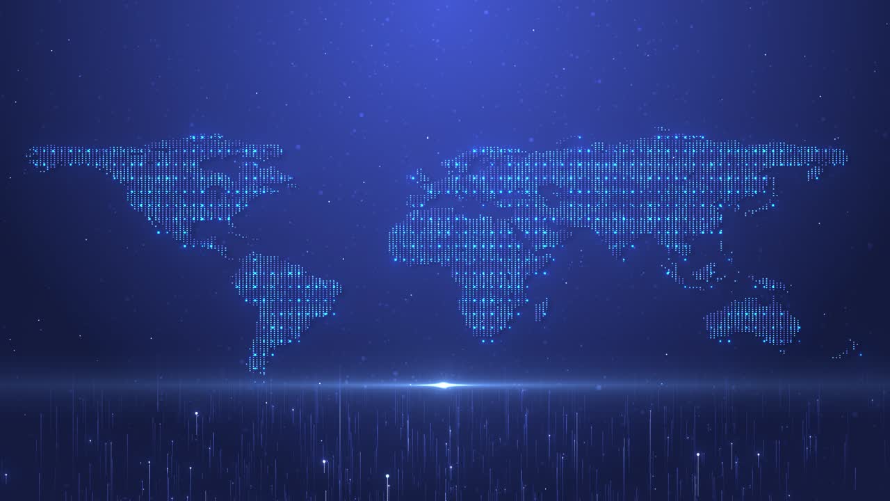 Digital world map by glowing binary dots light flare moving upward across dark blue background