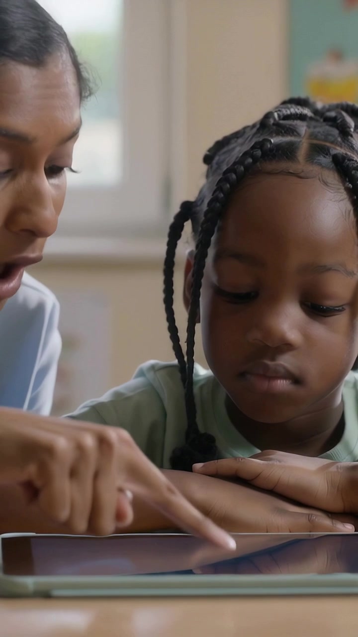 Vertical video: Pointing tutor teaching child on tablet in classroom, child smiling in green top