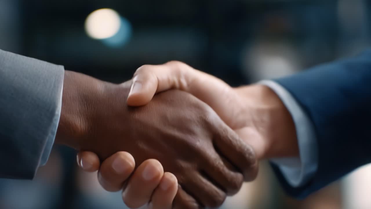 Two individuals engaged in a handshake, symbolizing agreement, partnership, or collaboration in a professional setting, suggesting trust and mutual respect