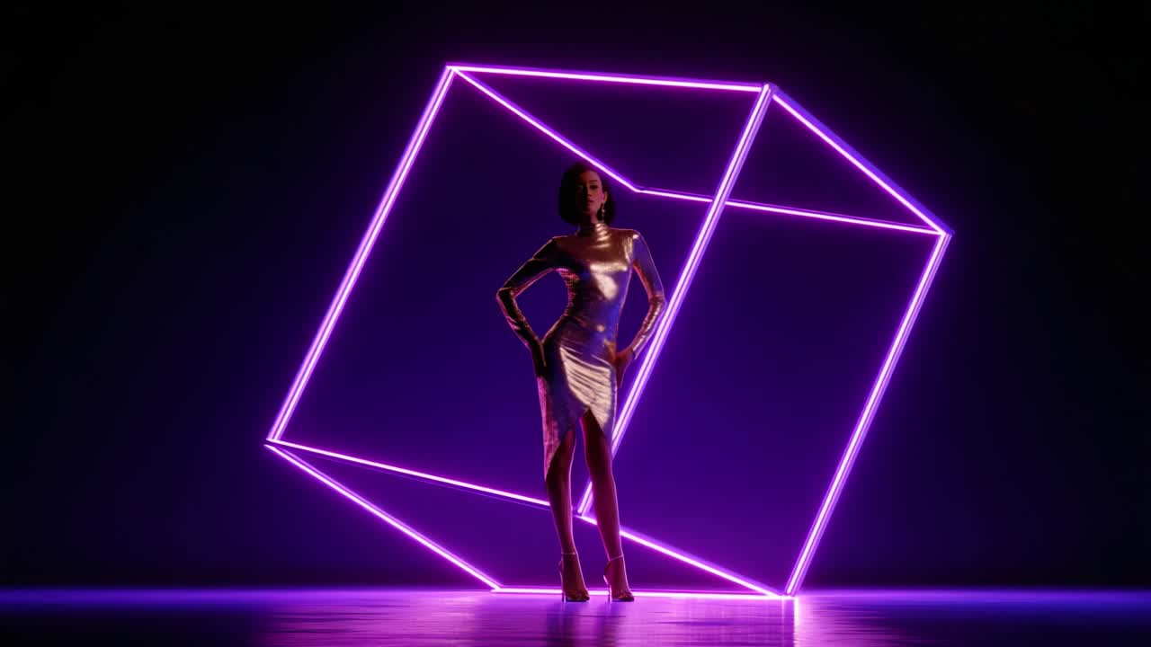 Elegant Woman in a Neon Cube Setting