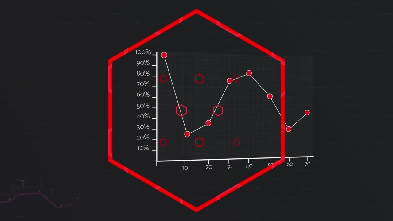 Animation of statistics with red abstract figure over navy background
