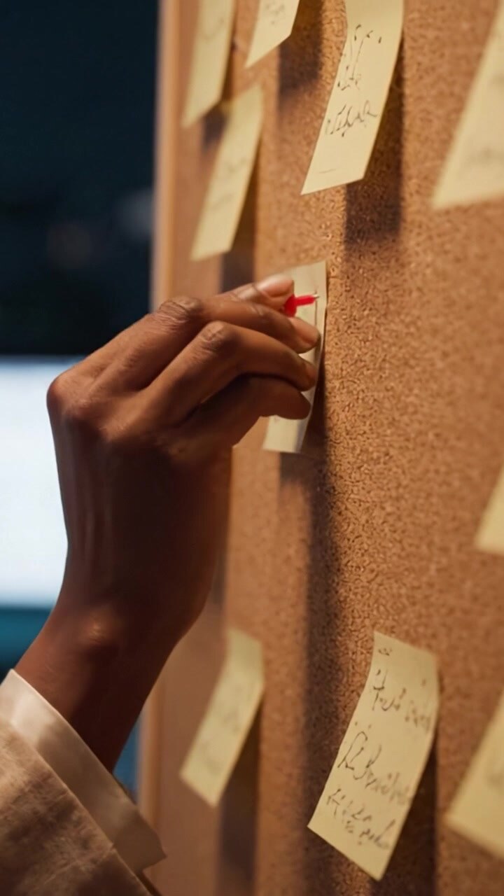 A close-up view of a corkboard filled with handwritten sticky notes, showcasing ideas and reminders in a workspace setting with blurred electronics in the background.